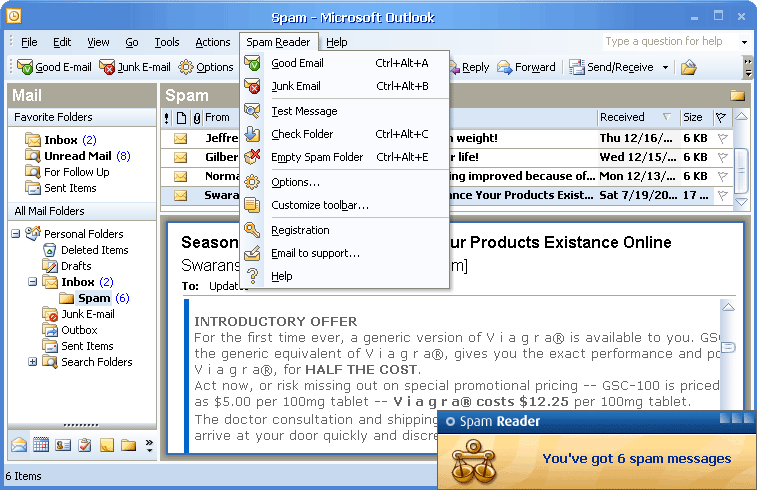 Spam Reader interface integrated into Outlook